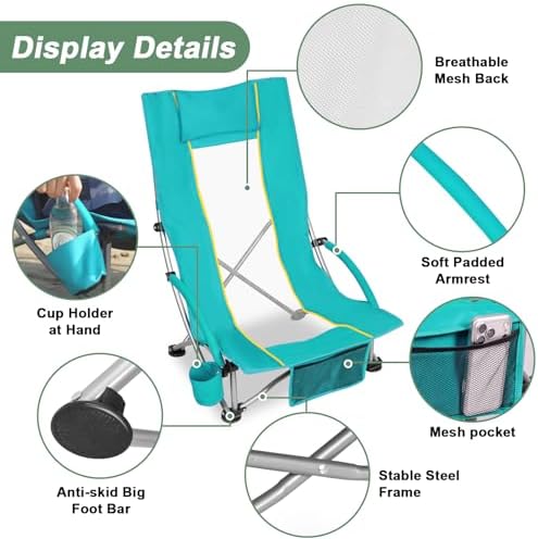 Romswi High Back Beach Chair, Compact Lightweight Low Seat Camping Chair, Fit...
