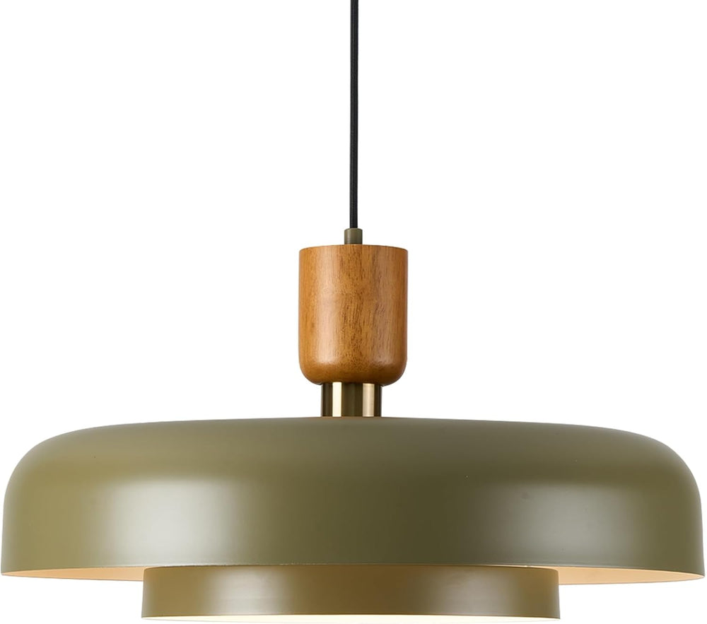 Mid Century Pendant Light 19.68", Natural Wood Brass, Deep Green