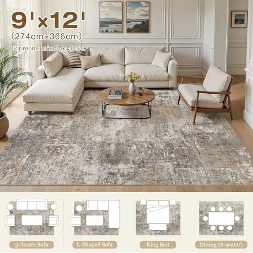 9X12 Area Rug Living Room: Abstract Washable Rugs Brown Grey
