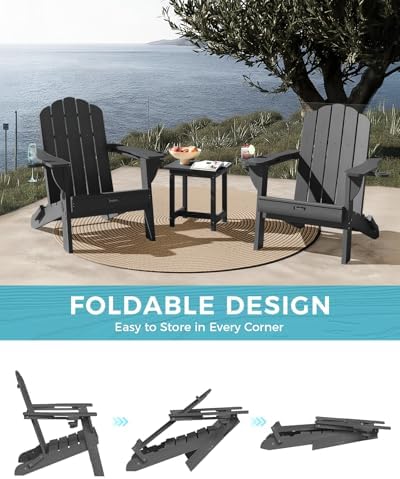 Folding Adirondack Chair, All-Weather HDPE Plastic Patio Chair with 2 Cup Hol...