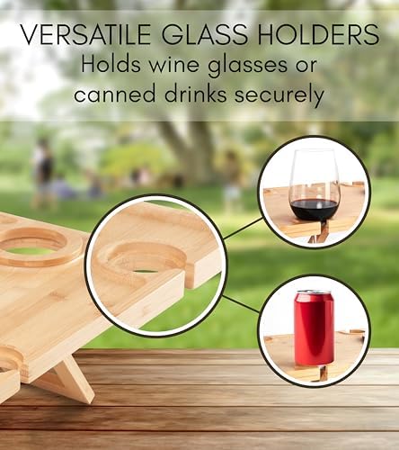 Charcuterie Picnic Table with Wine Glass Holder, Portable Wine & Cheese B...
