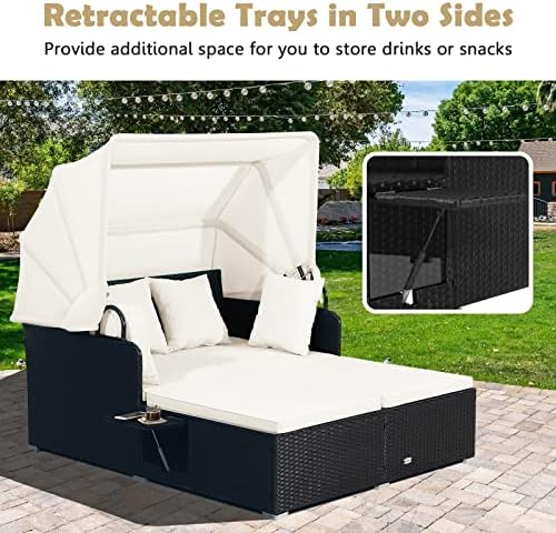 Tangkula Patio Rattan Daybed with Retractable Canopy, Outdoor Wicker Sunbed L...