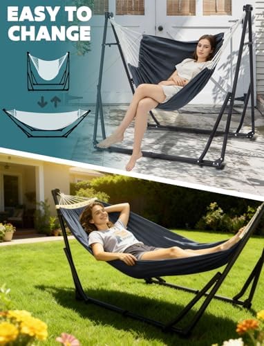 ANYOO 2-in-1 Hammock & Chair Stand with Collapsible Steel Frame & Car...