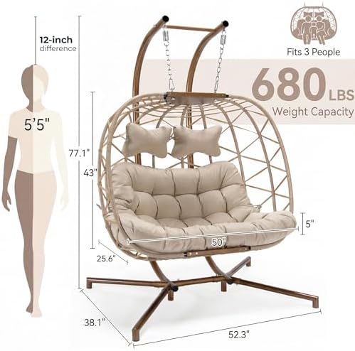 NICESOUL Double Swing Egg Chair with Stand, Extra Large 2 Person Indoor Outdo...