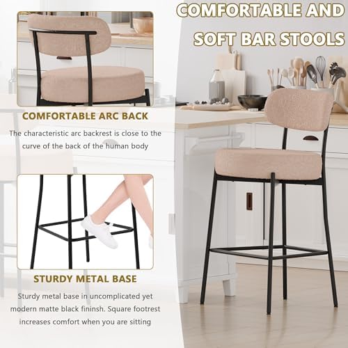 DYHOME Bar Stools Set of 3, Boucle Counter Hight Bar Stools, 28 inch Beige Ba...