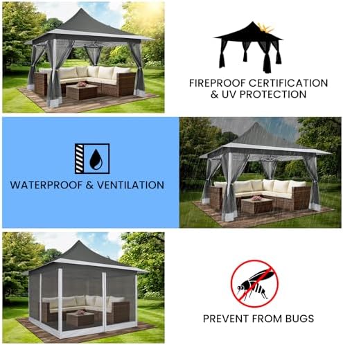 COBIZI 12x12 Pop Up Gazebo with Mosquito Netting,Peaked Roof Canopy,Gray