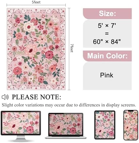 DUKINO 5x7 Area Rugs, Floral Washable Rug for Living Room Non Slip, Pink