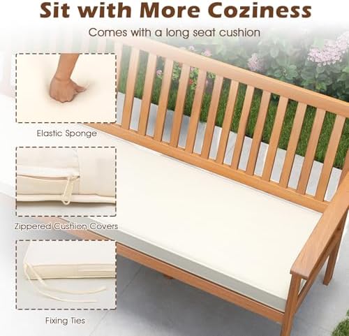 Tangkula 3-Seat Acacia Wood Outdoor Bench with Cushion, 64" Extra Long G...