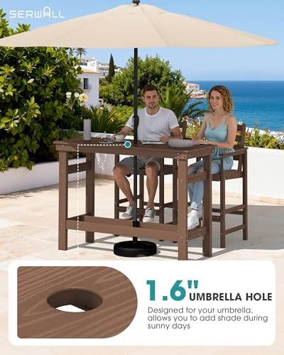 SERWALL 41" HDPE Outdoor Bar Table with 1.6" Umbrella Hole, Brown