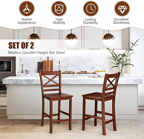 COSTWAY 25'' Wooden Counter Height Barstools Set of 2 with Slatted Ba...