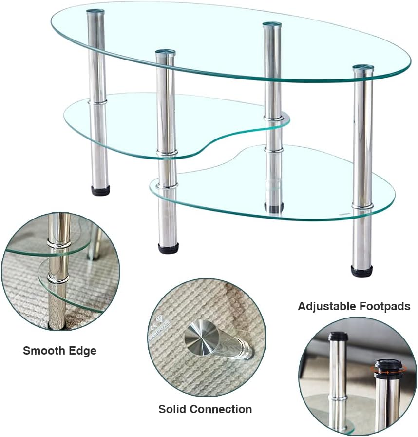 Oval-Shaped Glass Tea Table for Office, 3-Tier Modern Coffee Table, End Table...
