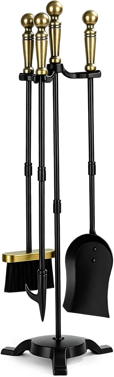 FEED GARDEN 4-Piece Fireplace Tools, Antique Brass Handle, 30" Wrought Iron