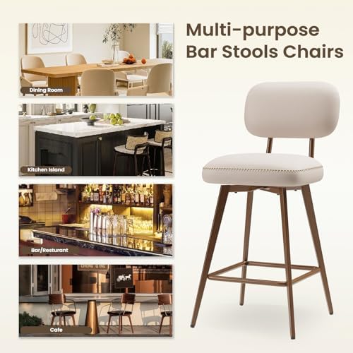 MALOL 26“ Mid Century Leather Swivel Bar Stools Set of 2, Beige
