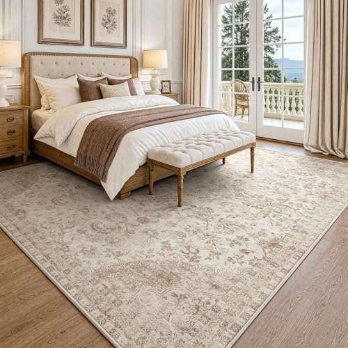 Beauoop 8x10 Washable Beige Neutral Vintage Oriental Area Rug for Bedroom