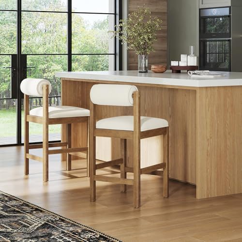 Nathan James Kimberly Modern Counter Stool with Solid Wood Legs, Boucle Uphol...