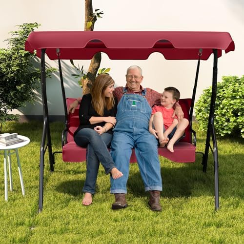 Tangkula 3 Person Porch Swing with Cushions & Canopy, Wine
