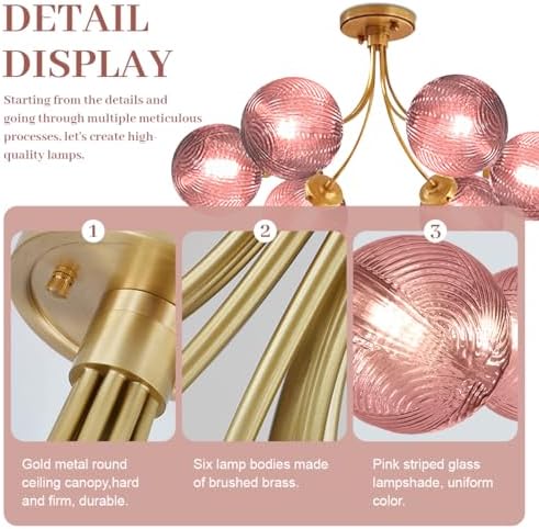 6-Light Pink Chandelier, Glass Globes Flush Mount Ceiling Light
