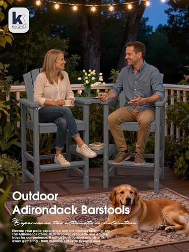 KINGYES Tall Adirondack Chair Set of 2 with Double Connecting Trays, Gray