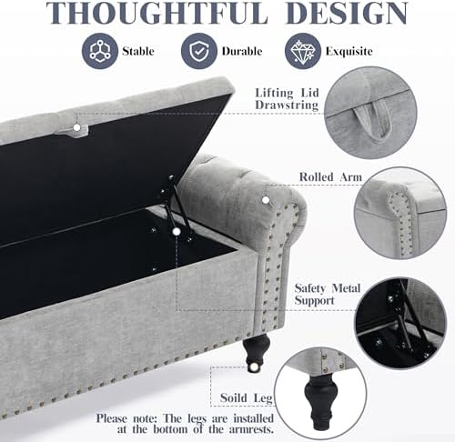 51" Storage Bench for Bedroom, Upholstered Ottoman Bench Chenille LightGray
