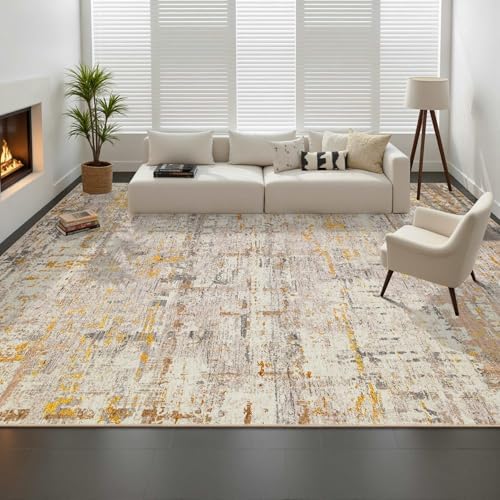Rugxara 9x12 BeigeGold Modern Abstract Neutral Washable Rug for Living Room