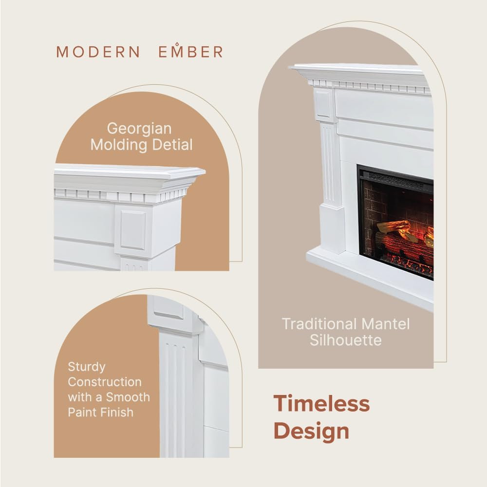 Modern Ember Augustine White Mantel Package 55" W x 48" H with 28 I...