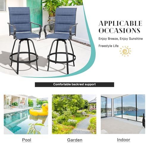 Vongrasig 2 Piece Outdoor Patio Swivel Bar Chairs, All Weather Padded Sling T...