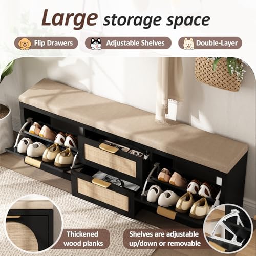 Rattan Narrow Entryway Bench with Shoe Storage, 4 Drawers & Coat Rack, Mi...