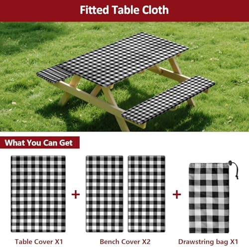 7ft 84" Picnic Table and Bench Cover, 3 Pack, Black-White Checkered
