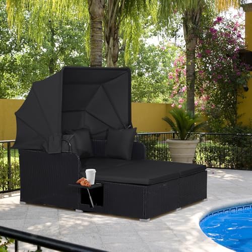 RELAX4LIFE Patio Outdoor Daybed with Canopy, Wicker Sunbed w/Cushions, 4 Pill...