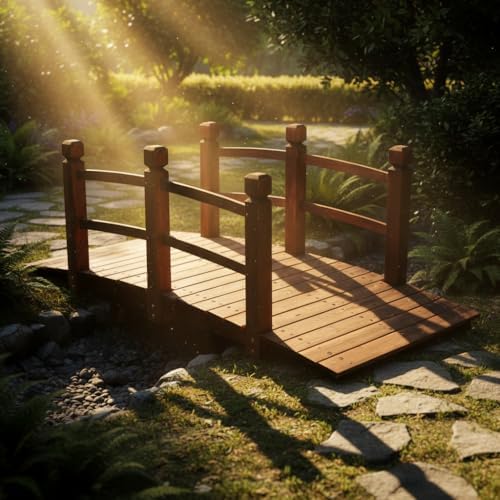 5FT Wooden Garden Bridge with Handrails, Decorative Landscape Footbridge for ...