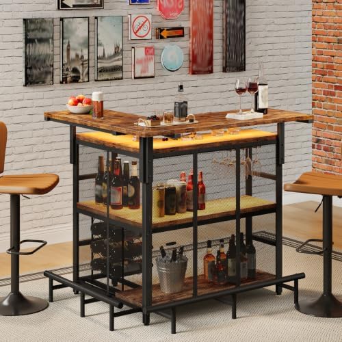 HOOBRO Home Bar Unit, L-Shaped Bar Table with Glasses Holder & 4-Tier She...