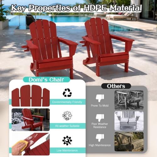 Domi Folding Adirondack Chairs Set of 2 with Cup Holder, Red