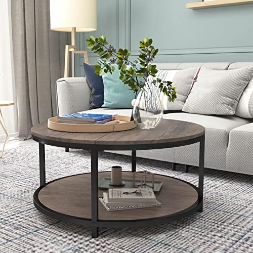 NSdirect Round Coffee Table,36" Coffee Table for Living Room,2-Tier Rust...