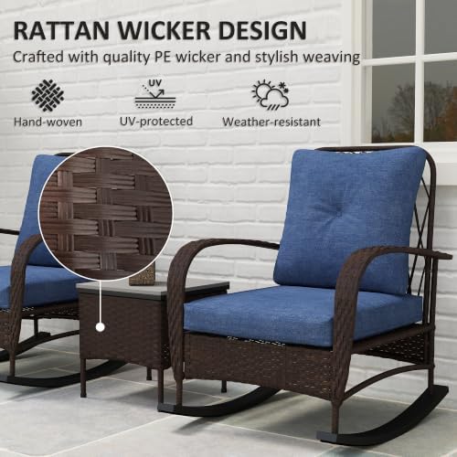 Outsunny 3 Piece Wicker Patio Furniture Set Rocking Chairs Cushions Brown