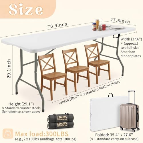 Set of 2 Folding Table 6 FT Lightweight Camping Table White Portable Plastic ...