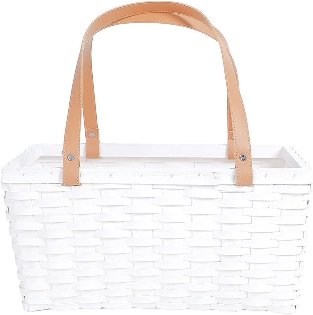 White Wicker Picnic Storage Basket with Leather Handles, Large