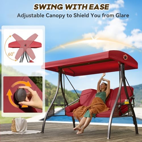 3 in 1 Outdoor Porch Swing with Adjustable Canopy, 3 Seat Outdoor Swing for A...