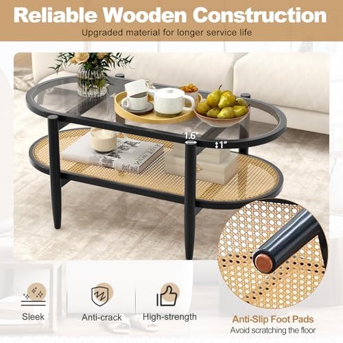 GIANTEX Rattan Coffee Table, 40" Wood Oval Center Table, Black