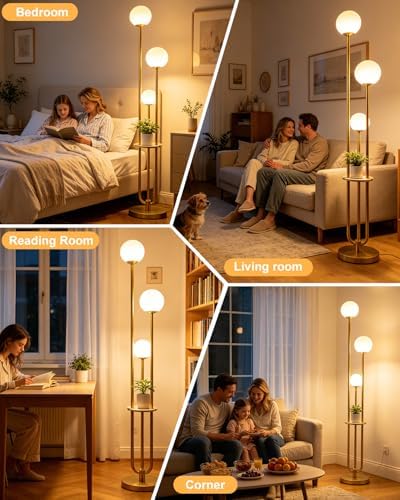 Lightdot Gold Globe Floor Lamp 3-Lights Dimmable Floor Lamps with Tray& B...