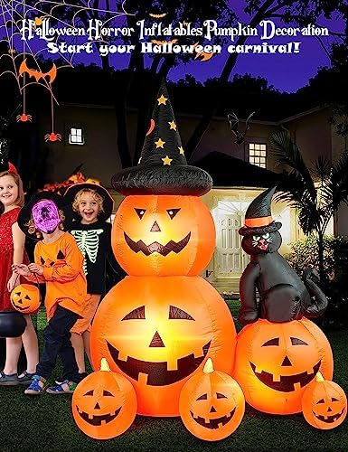 6 FT Halloween Inflatable Outdoor Decor with Ghost Pumpkin and Black Cat