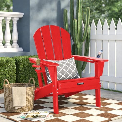 Adirondack Chair HDPE Cup Holders Heavy Duty Patio Woodgrain Red