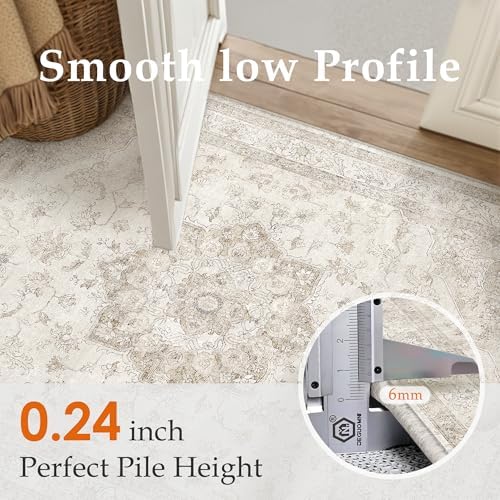 PureCozy Beige 9x12 Washable Area Rug Vintage Oriental Medallion Carpet