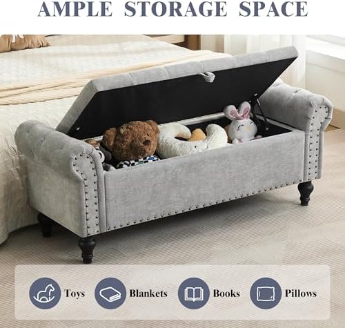 51" Storage Bench for Bedroom, Upholstered Ottoman Bench Chenille LightGray