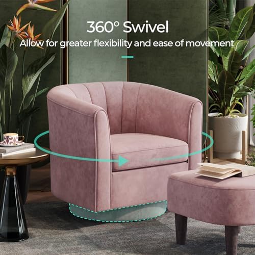 LINSY Swivel Accent Chair Ottoman Set: Velvet Small Barrel Chair with Foot Re...