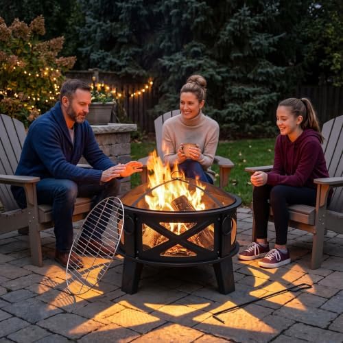 Fire Beauty 26" 2-in-1 Fire Pit with BBQ Grill, Spark Screen & Poker...