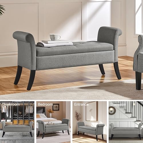 Yaheetech 52" Storage Ottoman Bench for Bedroom, Rolled Arm, Light Gray