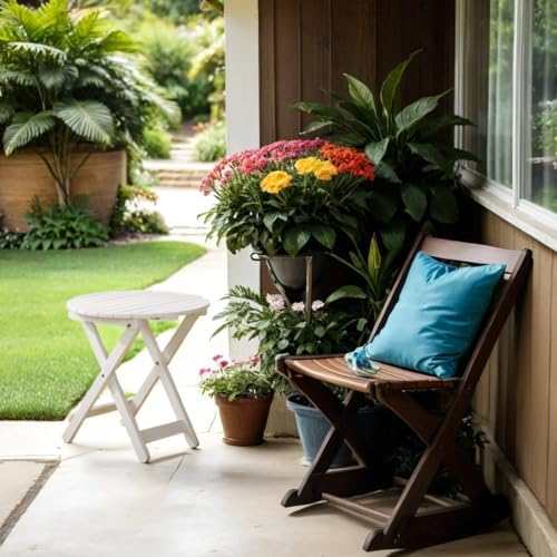 Outdoor Small Table, Round Folding Wooden Patio Side Table Furniture End Tabl...