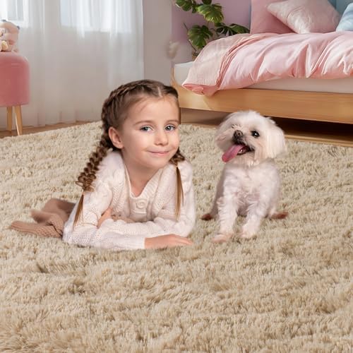 qulint Large Area Rug for Living Room 10x14, Fluffy Tan Rug for Bedroom