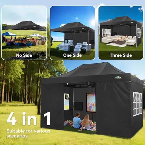 COBIZI 10x15 Heavy Duty Pop Up Canopy Tent with 4 Sidewalls, Black