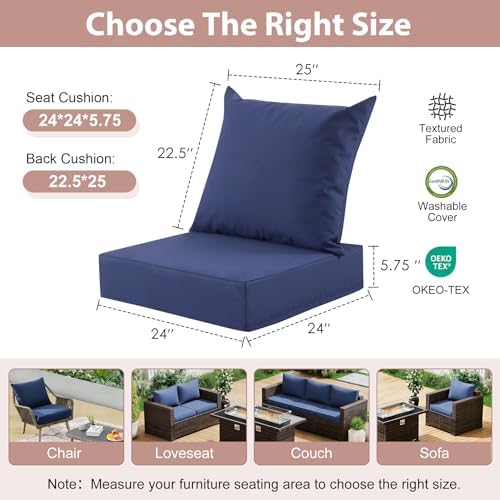 Outdoor Deep Seat Cushion Set, 24x24 Inch, Navy Blue, Set of 6